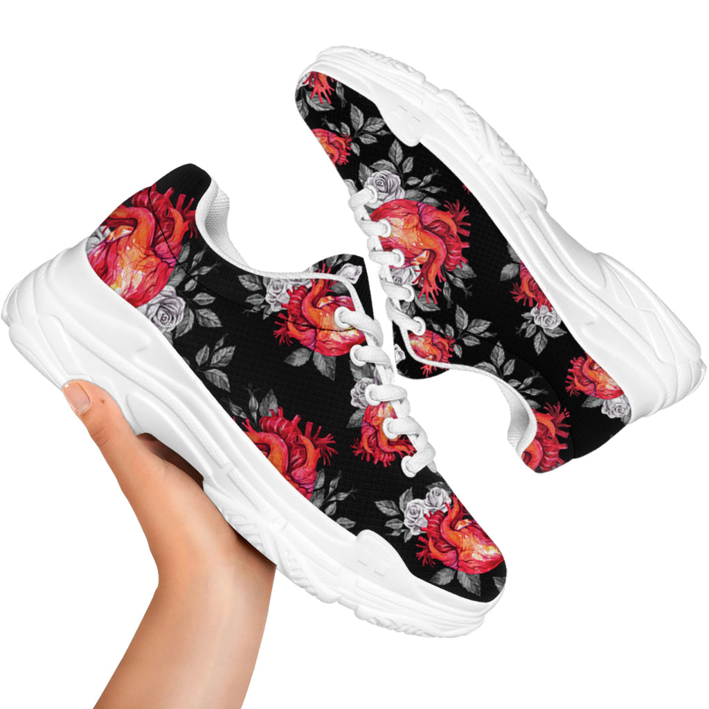 Rose And Heart Pattern Print White Chunky Shoes