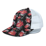 Rose And Heart Pattern Print White Mesh Trucker Cap