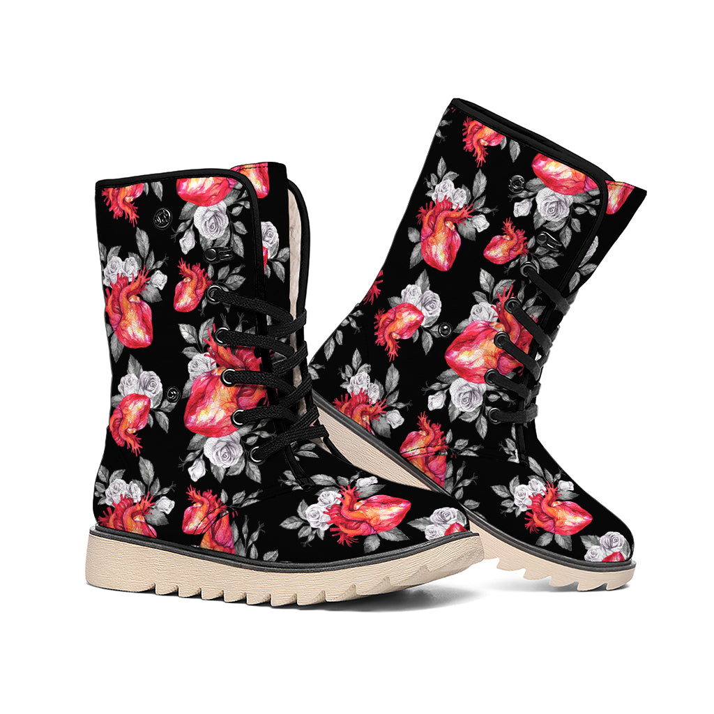 Rose And Heart Pattern Print Winter Boots