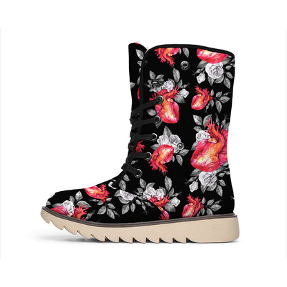 Rose And Heart Pattern Print Winter Boots