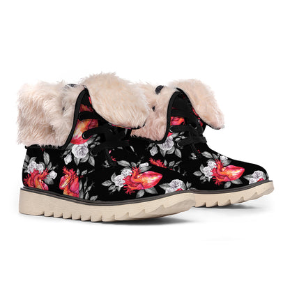 Rose And Heart Pattern Print Winter Boots