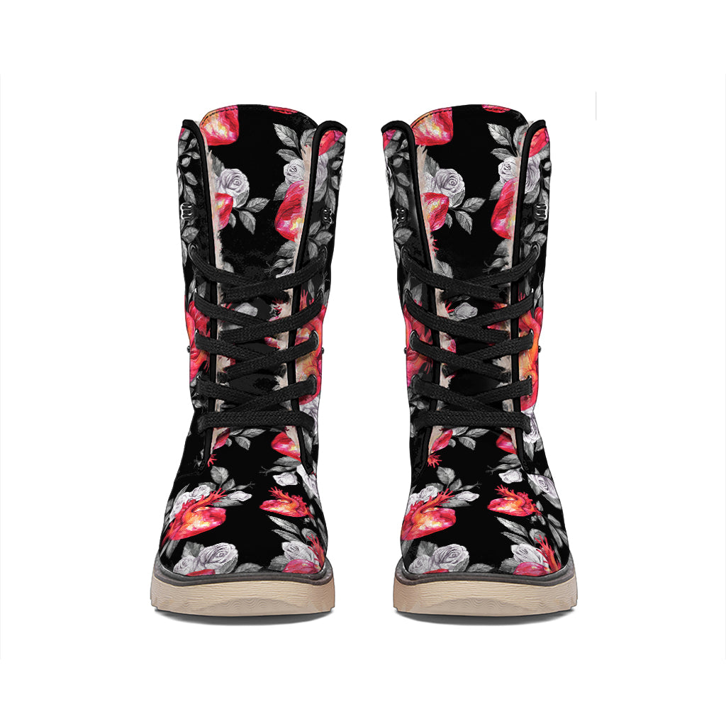 Rose And Heart Pattern Print Winter Boots