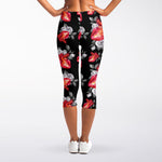 Rose And Heart Pattern Print Women's Capri Leggings