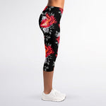 Rose And Heart Pattern Print Women's Capri Leggings