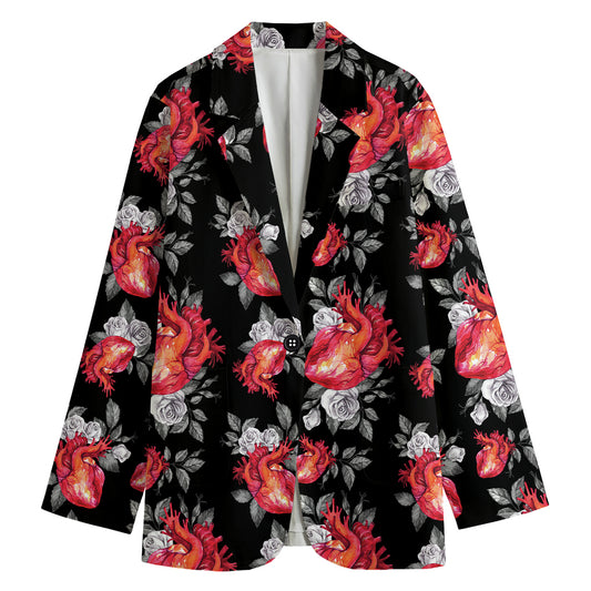 Rose And Heart Pattern Print Women's Cotton Blazer