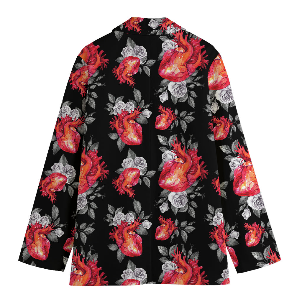 Rose And Heart Pattern Print Women's Cotton Blazer