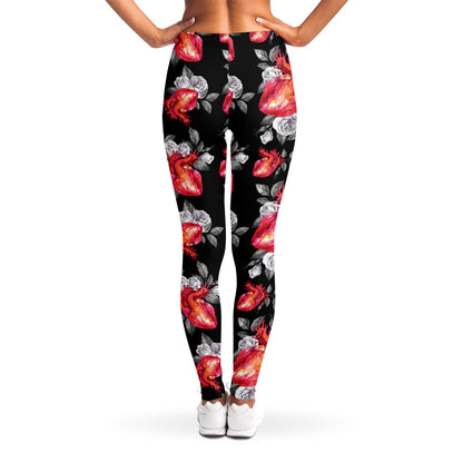 Rose And Heart Pattern Print Women's Leggings