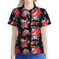 Rose And Heart Pattern Print Women's Polo Shirt