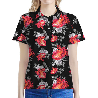 Rose And Heart Pattern Print Women's Polo Shirt
