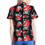 Rose And Heart Pattern Print Women's Polo Shirt