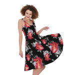 Rose And Heart Pattern Print Women's Sleeveless Dress