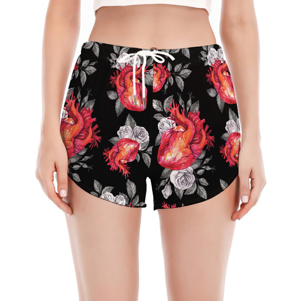 Rose And Heart Pattern Print Women's Split Running Shorts