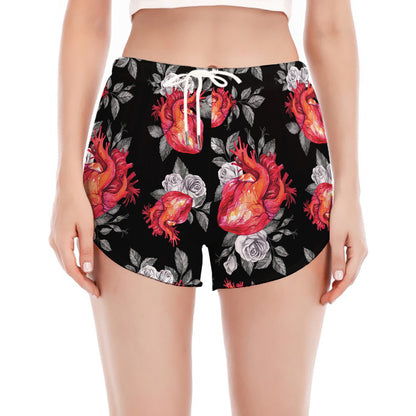 Rose And Heart Pattern Print Women's Split Running Shorts