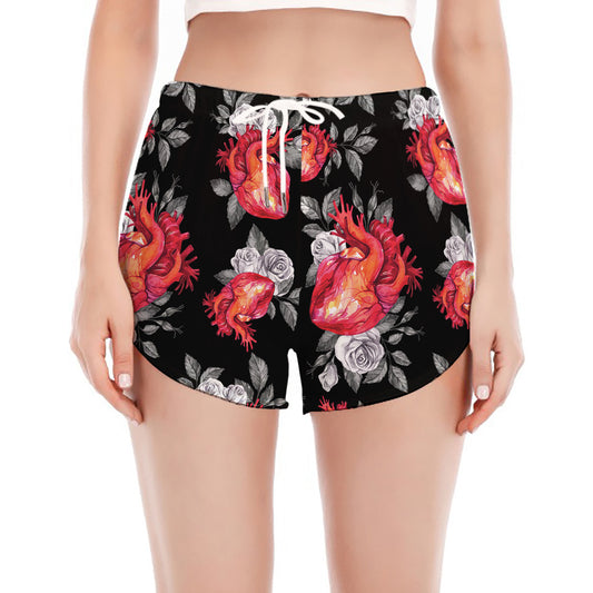 Rose And Heart Pattern Print Women's Split Running Shorts