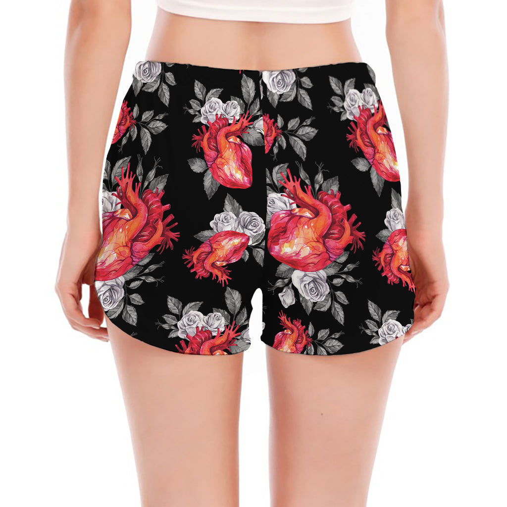 Rose And Heart Pattern Print Women's Split Running Shorts