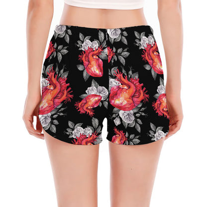 Rose And Heart Pattern Print Women's Split Running Shorts