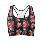 Rose And Heart Pattern Print Women's Sports Bra