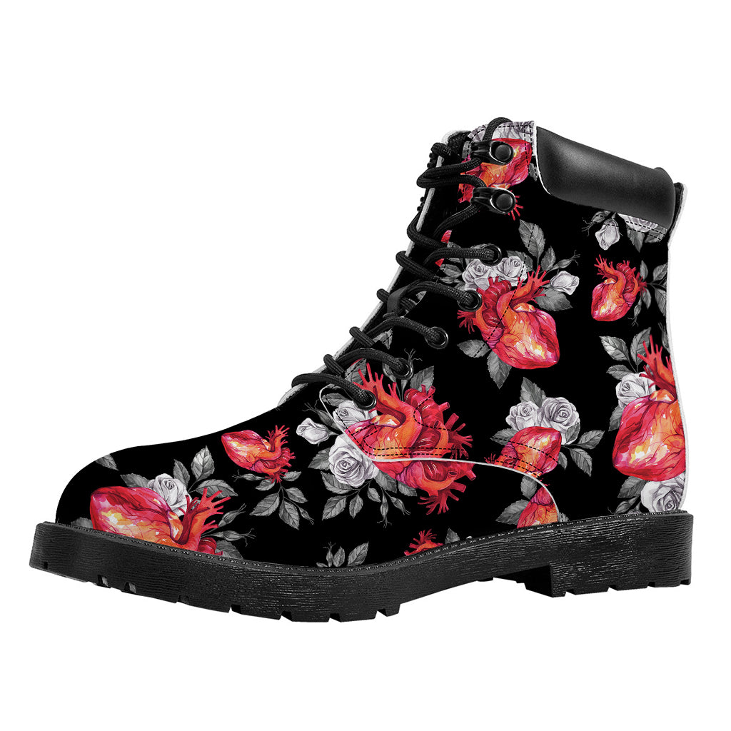 Rose And Heart Pattern Print Work Boots