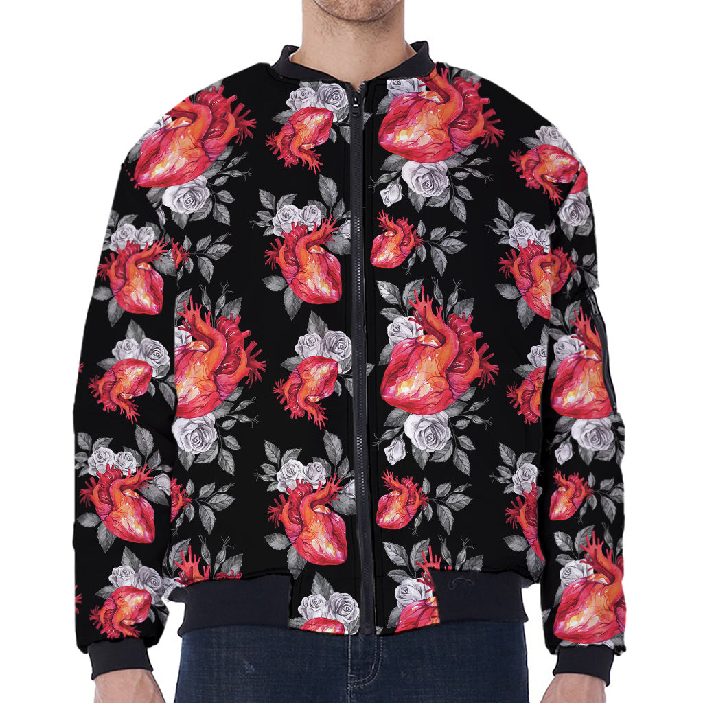 Rose And Heart Pattern Print Zip Sleeve Bomber Jacket