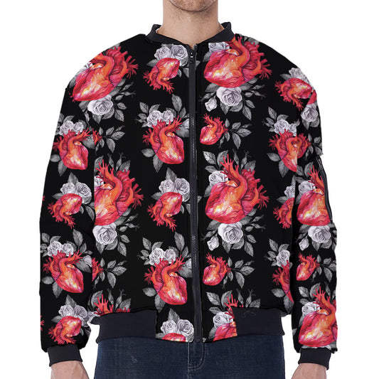 Rose And Heart Pattern Print Zip Sleeve Bomber Jacket