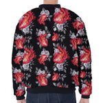 Rose And Heart Pattern Print Zip Sleeve Bomber Jacket