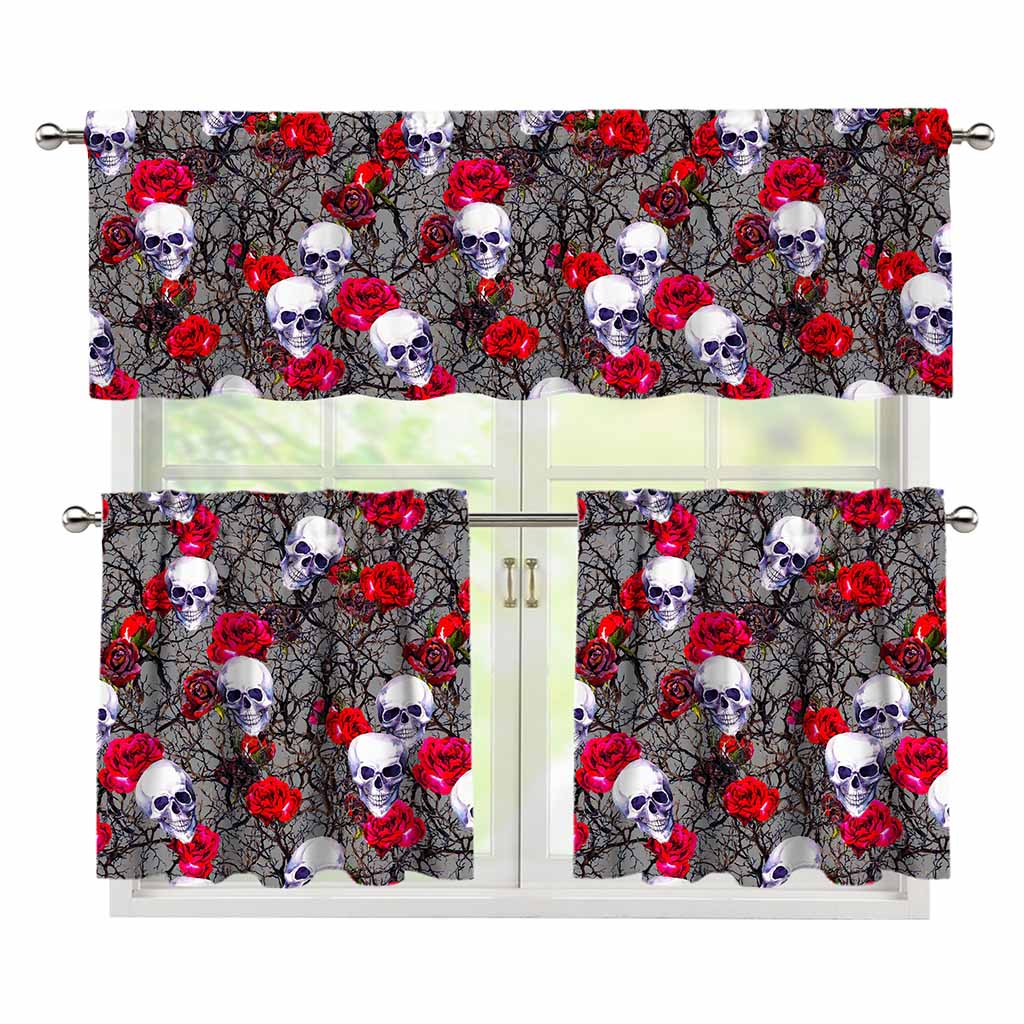 Rose Branch Skull Pattern Print 3 Piece Kitchen Curtains