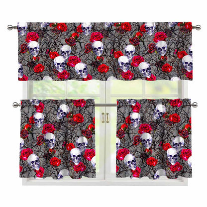 Rose Branch Skull Pattern Print 3 Piece Kitchen Curtains