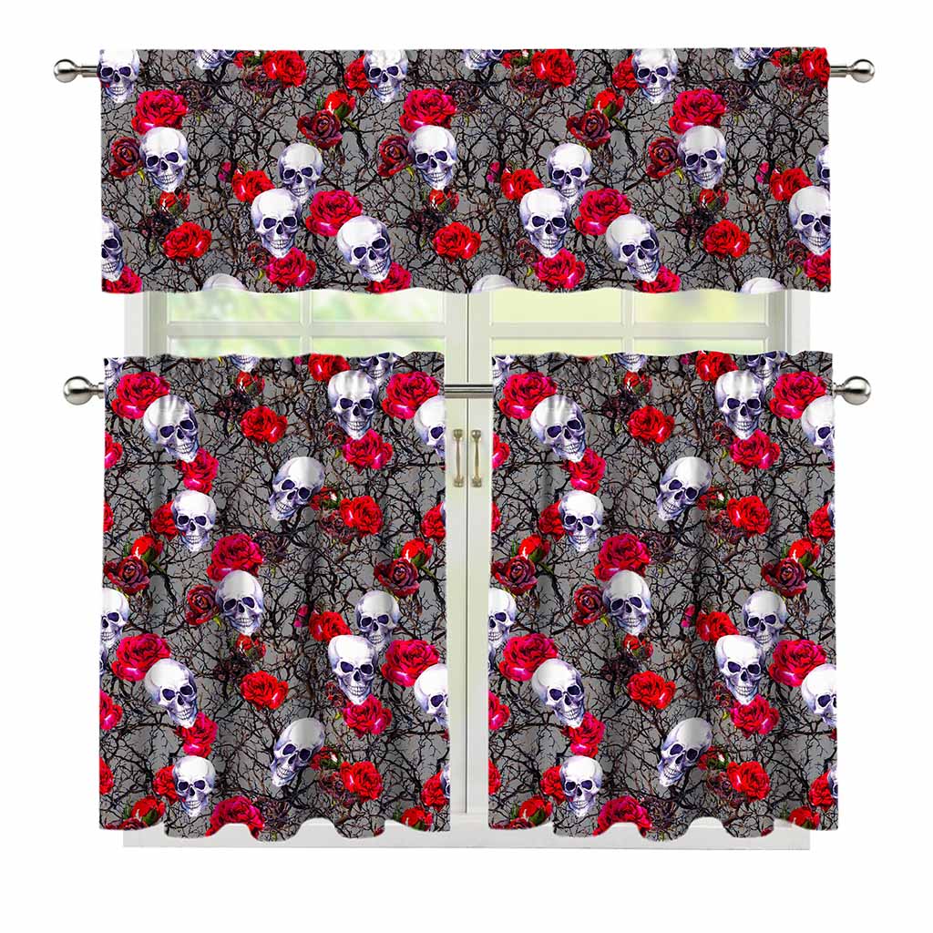 Rose Branch Skull Pattern Print 3 Piece Kitchen Curtains