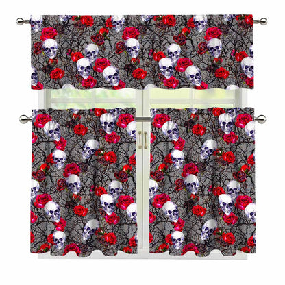 Rose Branch Skull Pattern Print 3 Piece Kitchen Curtains