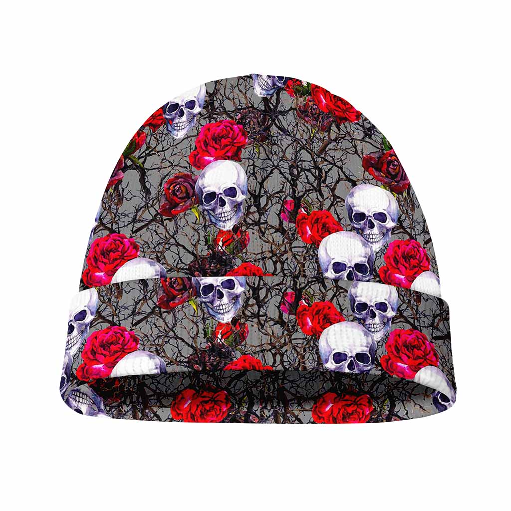 Rose Branch Skull Pattern Print Beanie