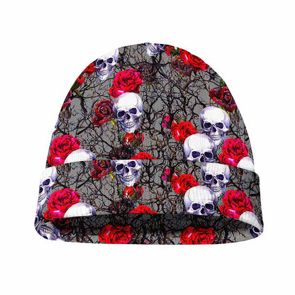 Rose Branch Skull Pattern Print Beanie