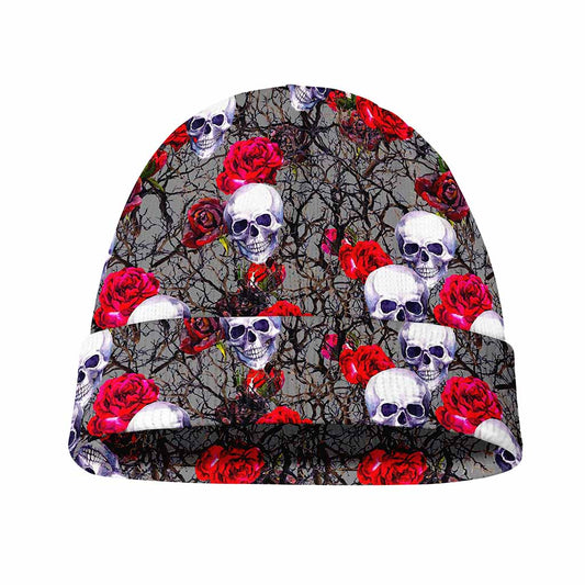 Rose Branch Skull Pattern Print Beanie