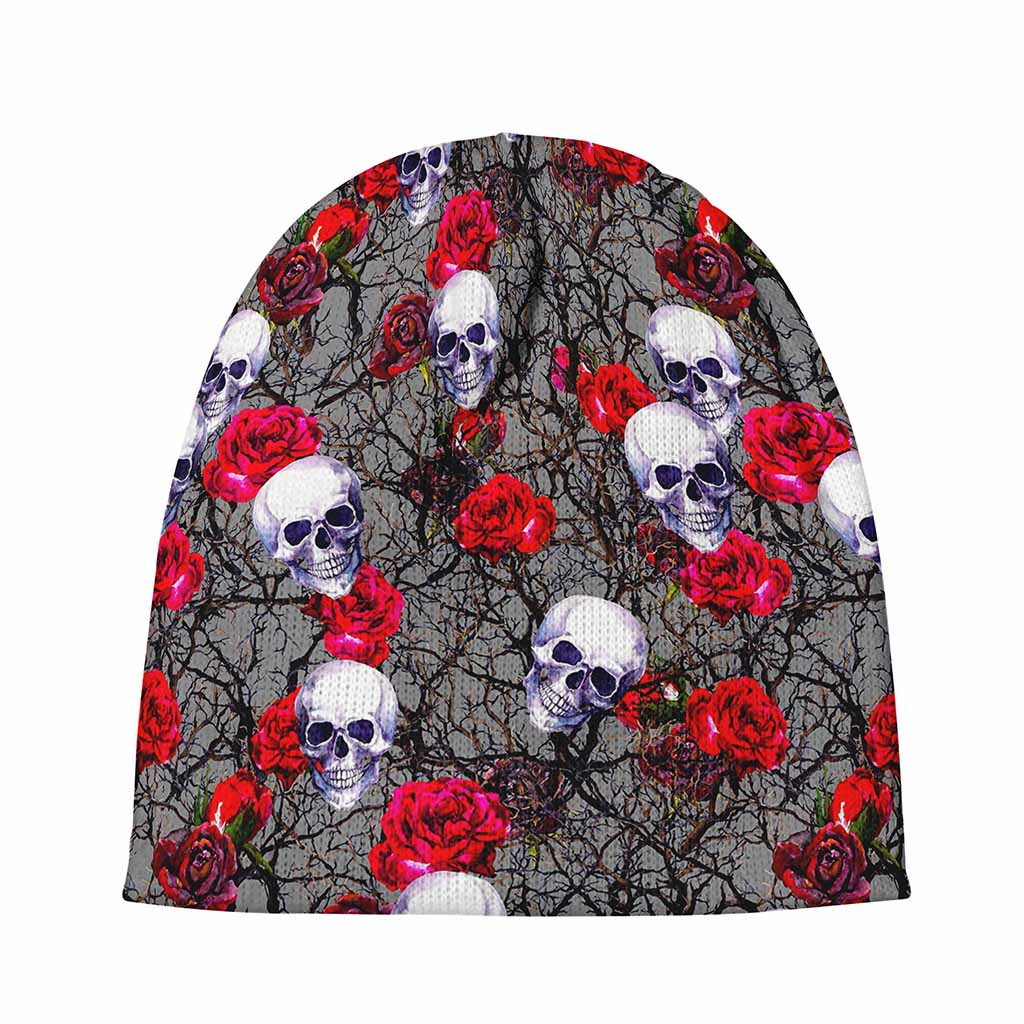 Rose Branch Skull Pattern Print Beanie