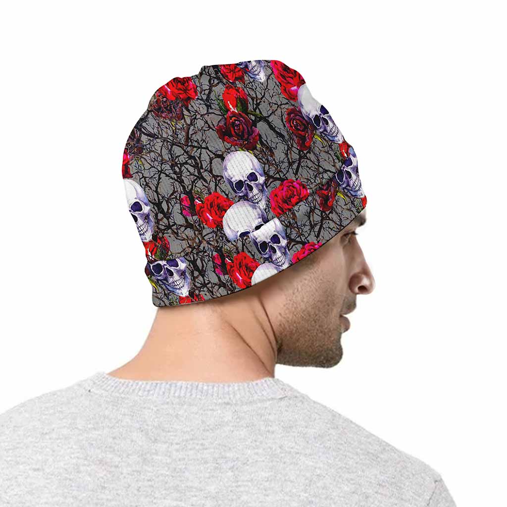 Rose Branch Skull Pattern Print Beanie