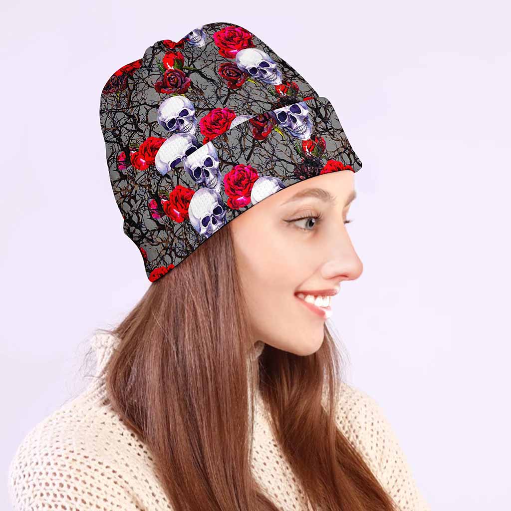 Rose Branch Skull Pattern Print Beanie