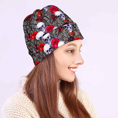 Rose Branch Skull Pattern Print Beanie