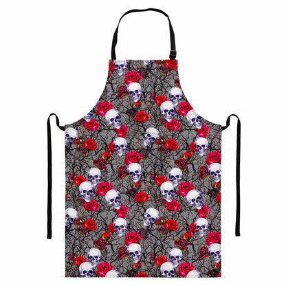 Rose Branch Skull Pattern Print Bib Apron With Pocket