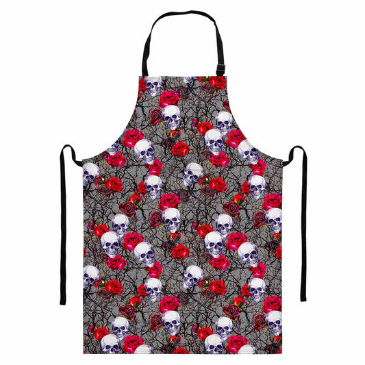 Rose Branch Skull Pattern Print Bib Apron With Pocket
