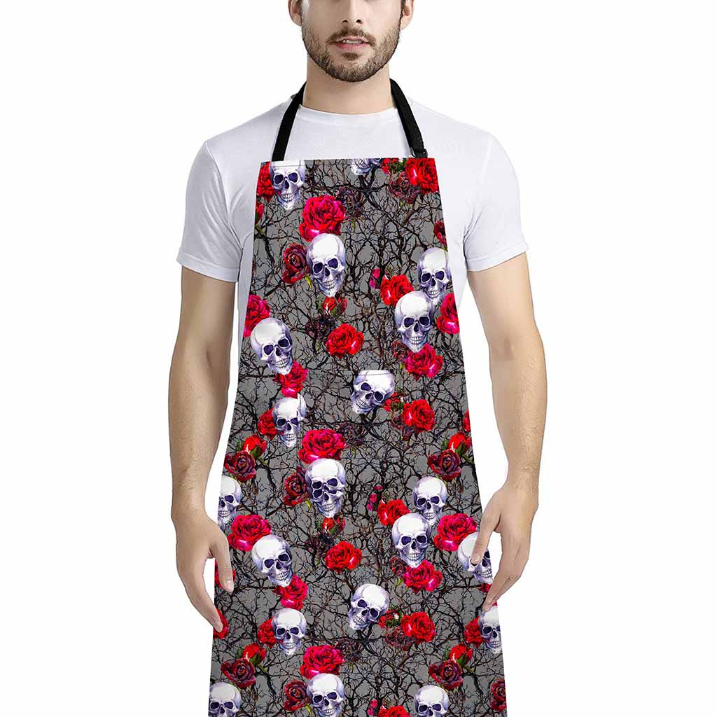 Rose Branch Skull Pattern Print Bib Apron With Pocket