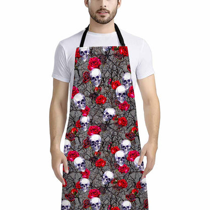 Rose Branch Skull Pattern Print Bib Apron With Pocket