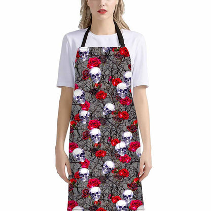 Rose Branch Skull Pattern Print Bib Apron With Pocket