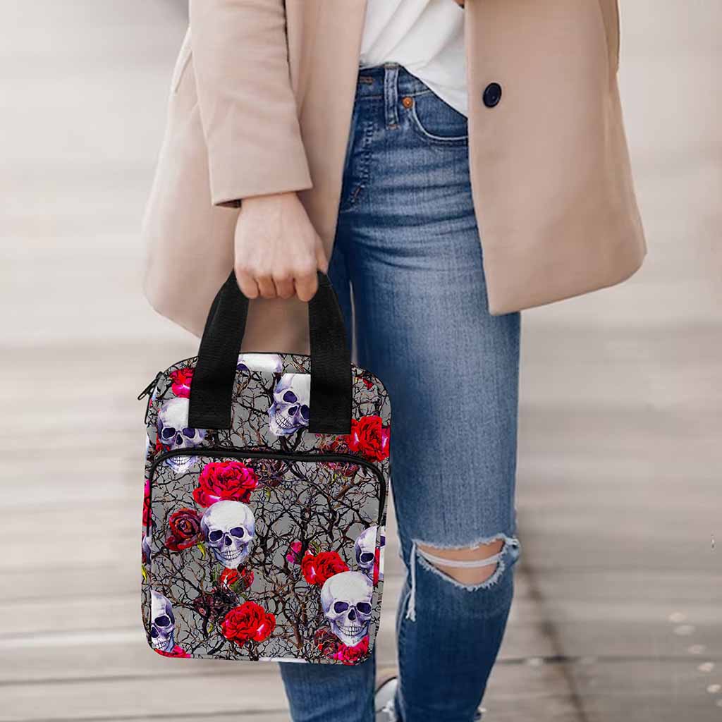 Rose Branch Skull Pattern Print Bible Tote Bag