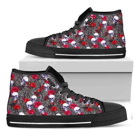 Rose Branch Skull Pattern Print Black High Top Sneakers