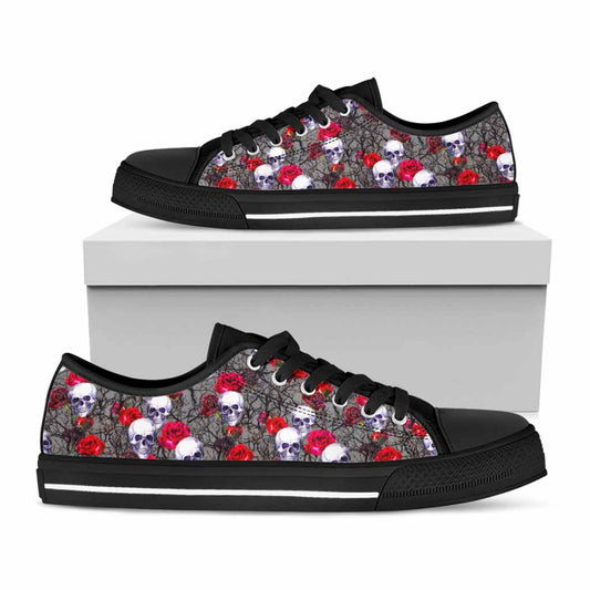 Rose Branch Skull Pattern Print Black Low Top Sneakers