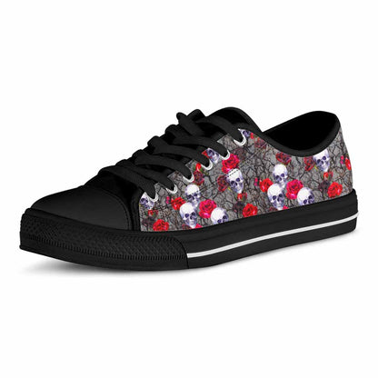 Rose Branch Skull Pattern Print Black Low Top Sneakers