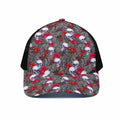 Rose Branch Skull Pattern Print Black Mesh Trucker Hat