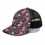 Rose Branch Skull Pattern Print Black Mesh Trucker Cap
