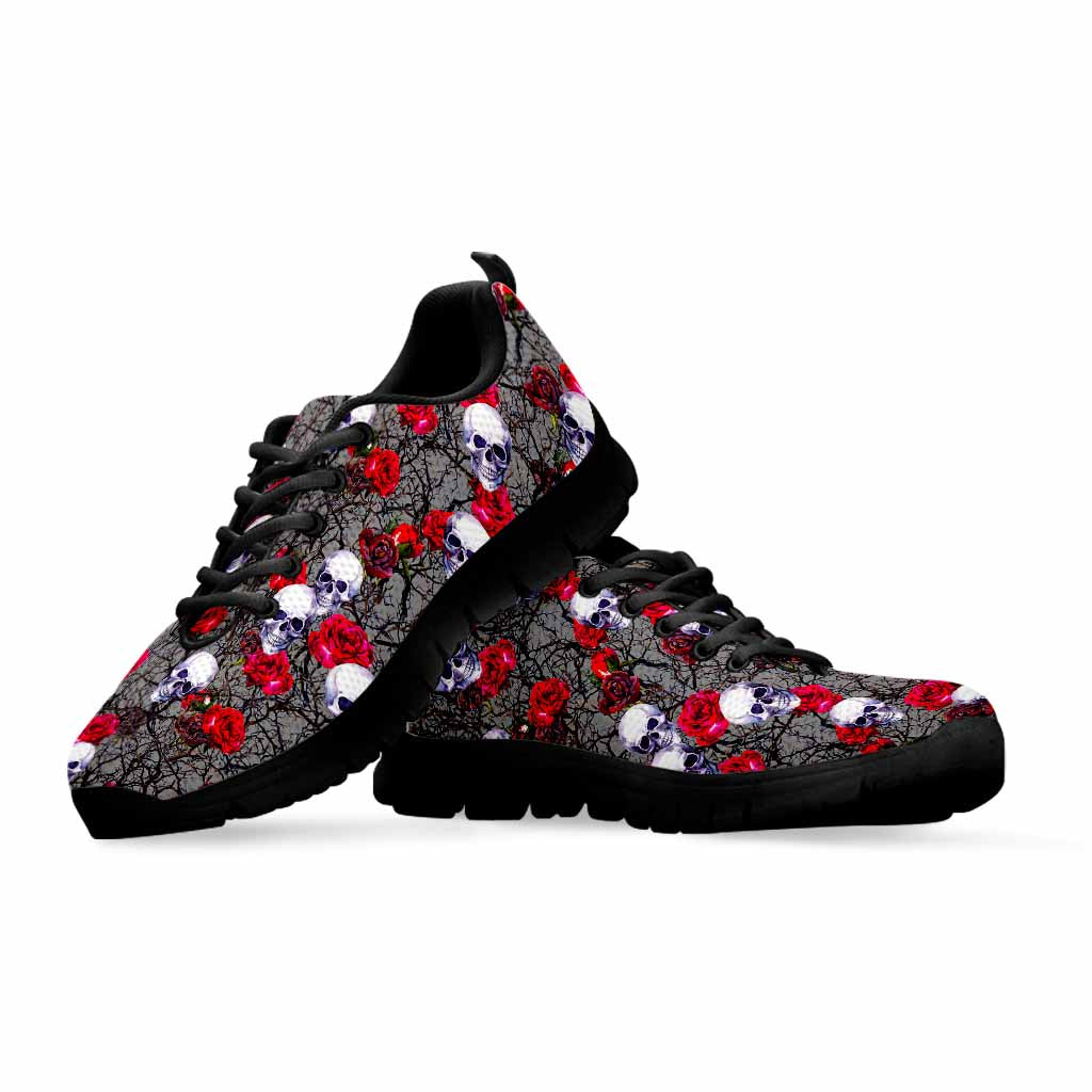 Rose Branch Skull Pattern Print Black Running Shoes