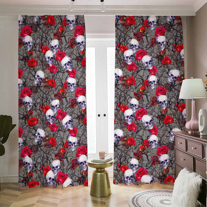 Rose Branch Skull Pattern Print Blackout Pencil Pleat Curtains