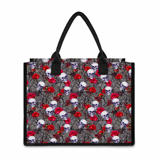 Rose Branch Skull Pattern Print Canvas Tote Bag